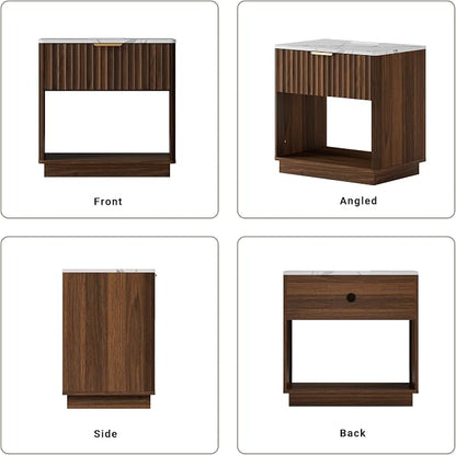 Fluted Nightstand, Large Night Stand, 23" Wide Walnut Nightstand with Faux Marble Top and Charging Station. Modern Ene Table with Drawer, Wooden Bedside Table for Bedroom, Curved Corners