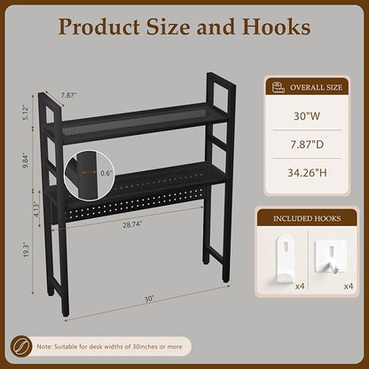 Brakki 2-Tier Desk Shelf, Desk Hutch Bookshelf, Desktop Shelf Bookcase with Pegboard and Hooks for Computer Monitor, Metal Desktop Hutch Storage Organizer for Dorm Home Office, 30" W， Black