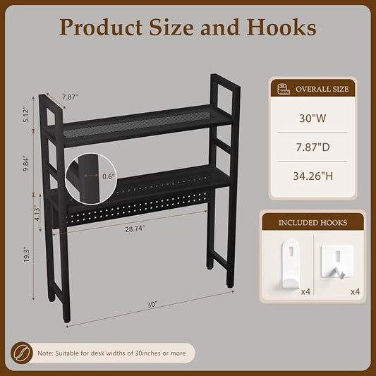Brakki 2-Tier Desk Shelf, Desk Hutch Bookshelf, Desktop Shelf Bookcase with Pegboard and Hooks for Computer Monitor, Metal Desktop Hutch Storage Organizer for Dorm Home Office, 30" W， Black