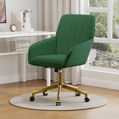 YISHENG Velvet Office Desk Chair with Gold Base, with Wheels,Modern Height Adjustable 360 Degree Swivel Upholstered Vanity Chairs with Arms for Living Room Bedroom,Green