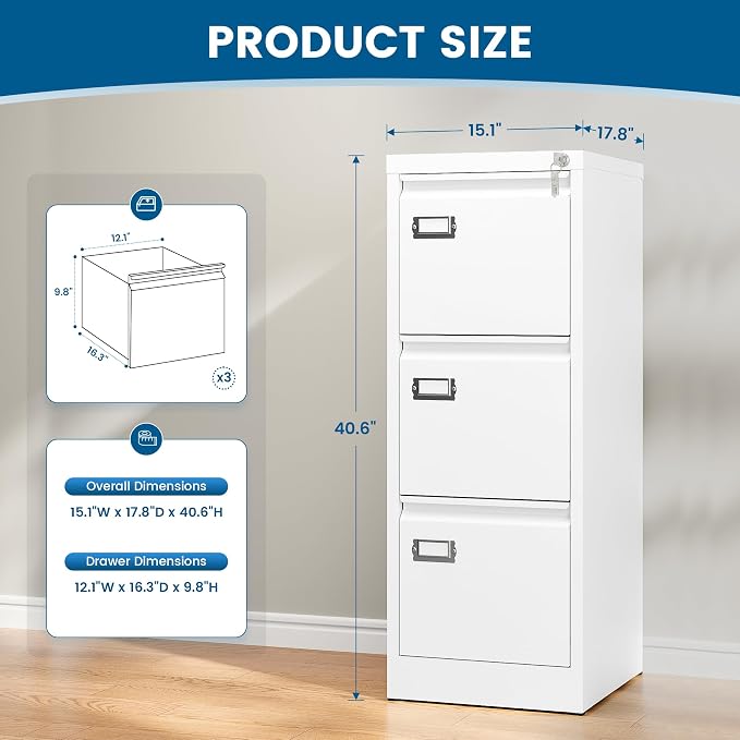 PEUKC 3-Drawer File Cabinet with Lock, 16.3" Deep Vertical Filing Cabinets, Metal File Cabinets for Home Office, Anti-Tip 3 Storage Drawers for Letter/Legal/A4/F4 Size (Assemble Required, White)