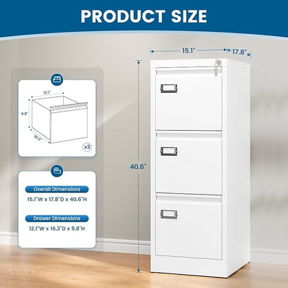 PEUKC 3-Drawer File Cabinet with Lock, 16.3" Deep Vertical Filing Cabinets, Metal File Cabinets for Home Office, Anti-Tip 3 Storage Drawers for Letter/Legal/A4/F4 Size (Assemble Required, White)