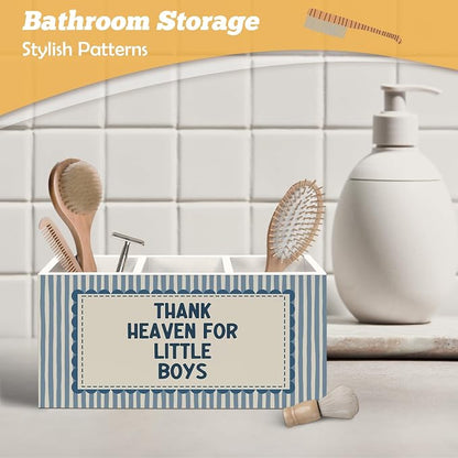 Boys Room Decor Pen Holder Organizer for Desk Accessories, Thank Heaven for Little Boys Retro Blue Striped Wooden Box Sign Desk Decorations for Kids Boy Nursery Room Bedroom Playroom Decor