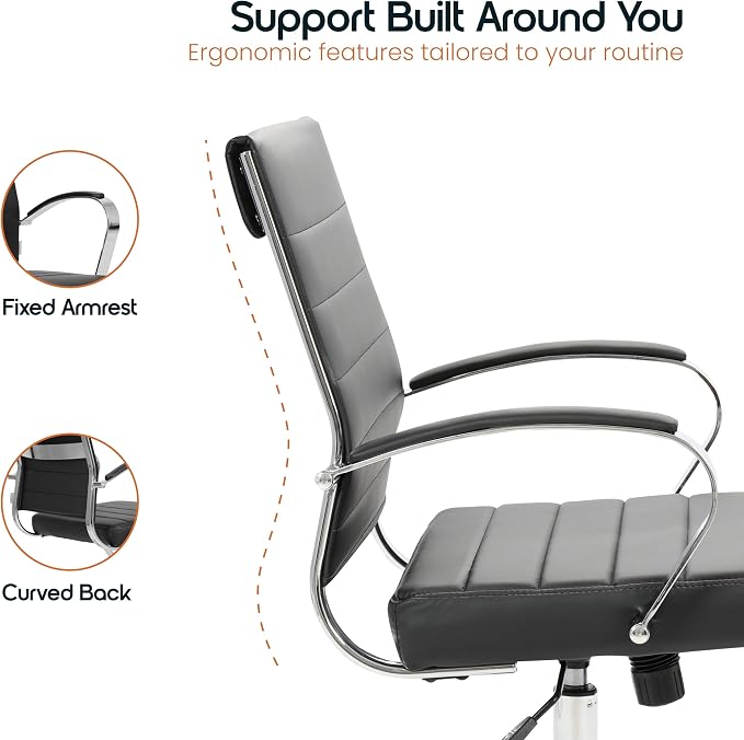 LeisureMod Benmar Leather Office Desk Chair, Mid-Back Ergonomic Swivel Chair with Lumbar Support, Adjustable Height, Tilt Lock, Cushioned Seat & Back, Home Office Task Chair (Black, Set of 2)