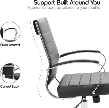 LeisureMod Benmar Leather Office Desk Chair, Mid-Back Ergonomic Swivel Chair with Lumbar Support, Adjustable Height, Tilt Lock, Cushioned Seat & Back, Home Office Task Chair (Black, Set of 2)