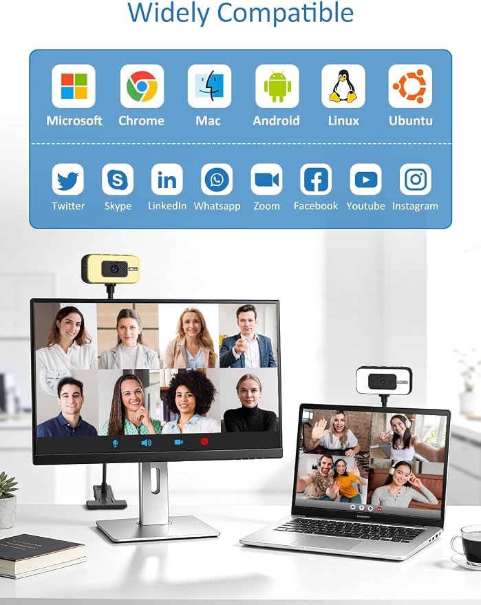 Webcam for PC, 4K Streaming Camera with Light, Web Camera for Desktop/Laptop Computer Webcam with Microphone, Plug and Play USB Web Cam with Bracket, for Video Calls and Meetings (black) (Black)