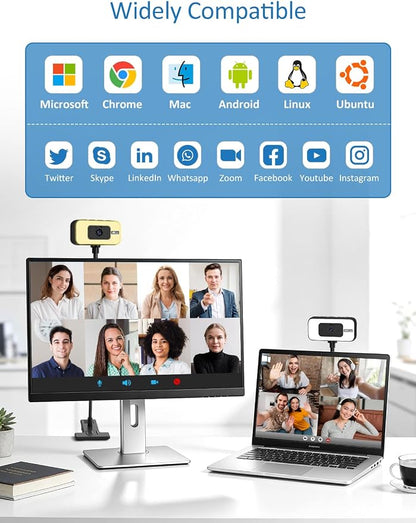Webcam for PC, 4K Streaming Camera with Light, Web Camera for Desktop/Laptop Computer Webcam with Microphone, Plug and Play USB Web Cam with Bracket, for Video Calls and Meetings (black) (Black)