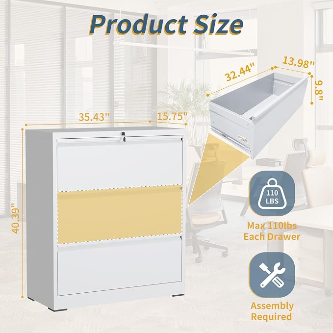 3 Drawer File Cabinet with Lock, Lateral Filing Cabinets,Metal Storage Filing Cabinets for Home Office, Heavy Duty File Cabinet for Letter/Legal/A4/F4 Size Amsseble Required, White