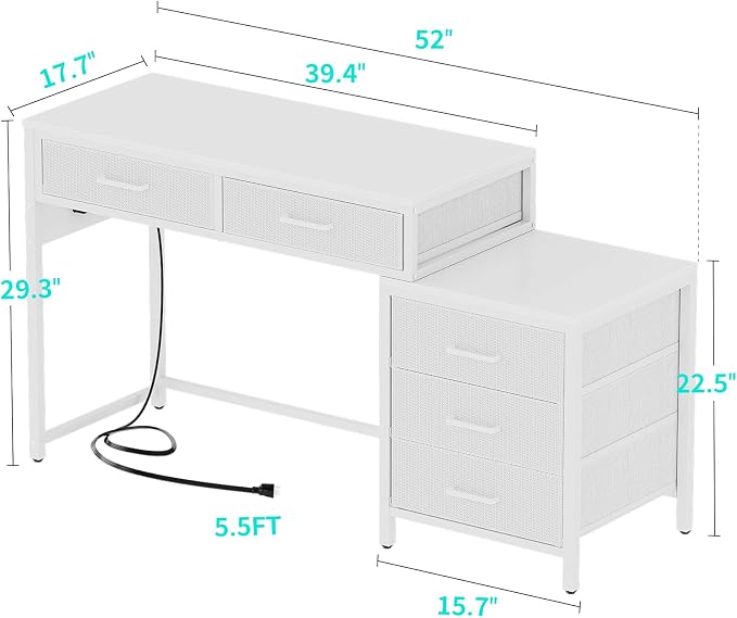 Unikito Reversible Computer Desk with 5 Drawers, Sturdy Office Desk with Power Outlets and USB Ports, Study Writing Table with File Cabinet & Printer Stand, Vanity Desk with Storage, White