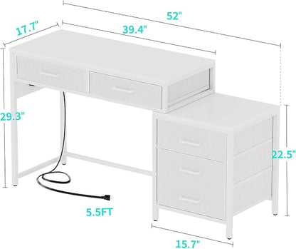 Unikito Reversible Computer Desk with 5 Drawers, Sturdy Office Desk with Power Outlets and USB Ports, Study Writing Table with File Cabinet & Printer Stand, Vanity Desk with Storage, White