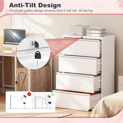 Superday Lateral File Cabinet 4 Drawer Metal File Cabinet with Lock, White Filing Cabinets for Home Office, Locking Filing Cabinets Hanging Files Letter/Legal/F4/A4