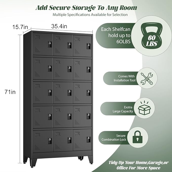 Metal Lockers for Employees-15 Doors Storage Locker with Shelves and Lockable Steel Cabinet for School,Gym,Office,Staff,Assembly Required,Black