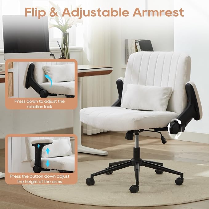 IPKIG Criss Cross Chair with Adjustable Flip-up Arms, Vanity Chair with Wheels, Comfy Desk Chair with Lumbar Pillow Swivel Wide Office Chair for Home Office, Bedroom, Linen, White