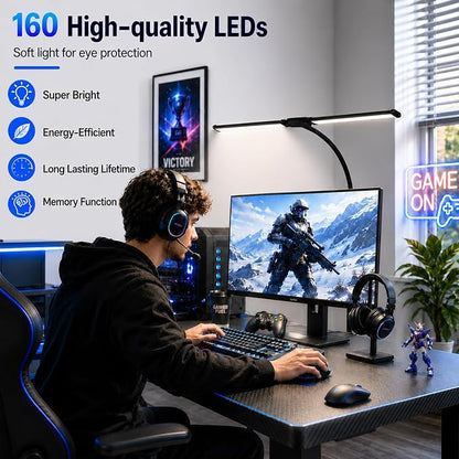 LED Desk Lamp for Home Office, Eye-Care Architect Light with Clamp, Double Head Computer Monitor Table Light with 3 Color Modes 10 Brightness, Adjustable for Reading, Study, Drafting, Workbench, Black