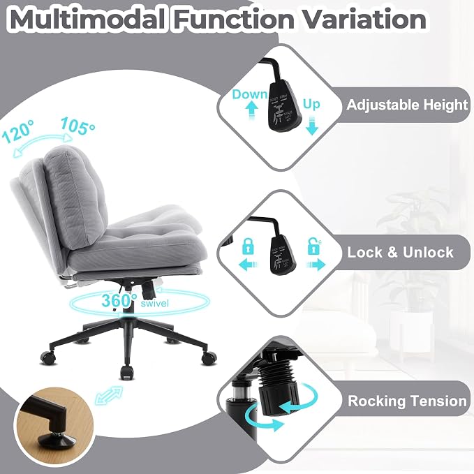 VINGLI Criss Cross Cloud Seat,Comfy Corduroy Cross Legged Office Desk Chair with/no Wheels,Cute Vanity Stool, Adjustable Wide Seat,Modern Swivel Perch for Study, Make Up, Home Office，Grey