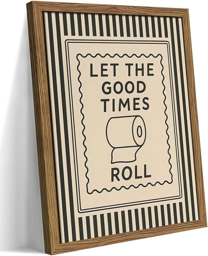 Framed Let The Good Times Roll Bathroom Print, Vintage Funny Toilet Quote Canvas Wall Art, Stripes Bathroom Picture Poster, Downstairs Toilet Painting Wall Decor 8x10 inch