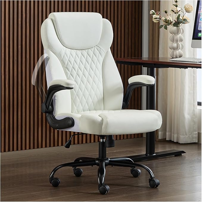 amseatec Office Chair, Executive PU Leather Chair Home Office Desk Chairs, Ergonomic Computer Desk Chair with Adjustable Flip-Up Arms, Lumbar Support Swivel Task Chair with Rocking Function (White)
