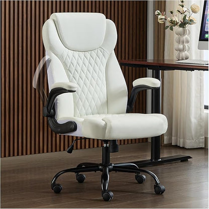 amseatec Office Chair, Executive PU Leather Chair Home Office Desk Chairs, Ergonomic Computer Desk Chair with Adjustable Flip-Up Arms, Lumbar Support Swivel Task Chair with Rocking Function (White)