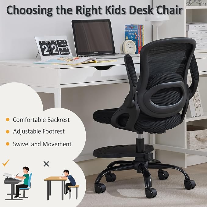 Kids Desk Chair,Ergonomic Study Chair with Adjustable Height,Swivel Mesh Desk Chair with Wheels,Home Office Chair for Children in Home Bedroom Black