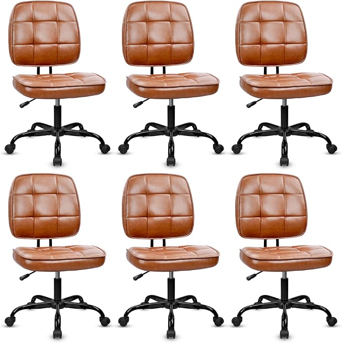 CLATINA Home Office Chair No Arms with Wheels, Armless Small Leather Ergonomic Low Back Desk Chairs Adjustable Height 360° Swivel Rolling Computer Task Chair for Work Conference Room, Brown, 6 Pack