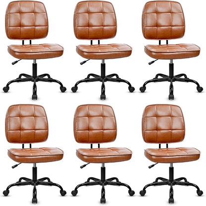 CLATINA Home Office Chair No Arms with Wheels, Armless Small Leather Ergonomic Low Back Desk Chairs Adjustable Height 360° Swivel Rolling Computer Task Chair for Work Conference Room, Brown, 6 Pack