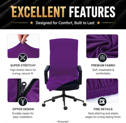 Stretch Computer Office Chair Cover with Durable Zipper - Universal Washable Removable Spandex Rotating Boss Chair Slipcovers - Anti-dust Soft Desk Chair Seat Protector for Dogs, Cats, Pets (Purple)