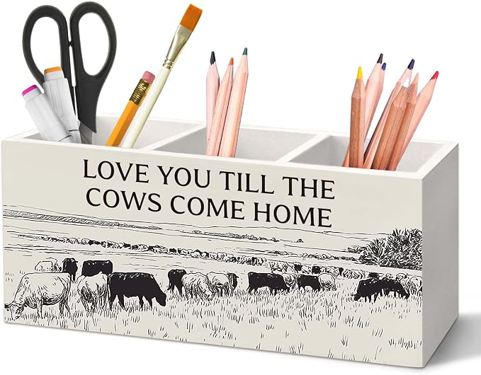 Vintage Western Cow Pen Holder for Desk, Cow Gifts for Women CowLovers Pencil Organizer, Love You Till The Cows Come Home Wooden Pen Holder Desk Accessories Decor for Home Office