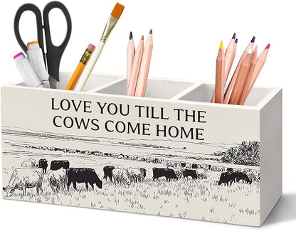 Vintage Western Cow Pen Holder for Desk, Cow Gifts for Women CowLovers Pencil Organizer, Love You Till The Cows Come Home Wooden Pen Holder Desk Accessories Decor for Home Office
