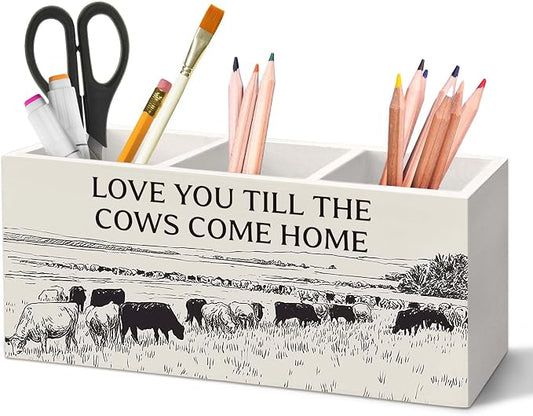 Vintage Western Cow Pen Holder for Desk, Cow Gifts for Women CowLovers Pencil Organizer, Love You Till The Cows Come Home Wooden Pen Holder Desk Accessories Decor for Home Office
