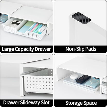 LEKETREE Dual Monitor Stand Riser with Drawer, Desk Organizer and Accessories, Metal Laptop Stand for Desk, Workspace Desktop Stand for Computer, Laptop, TV and More (White)