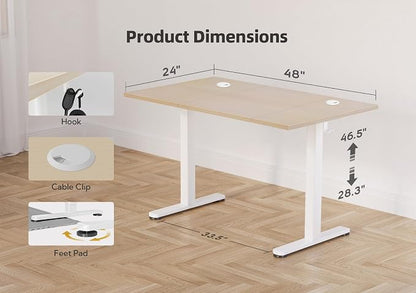 YDN Electric Standing Desk Adjustable Height, 48 x 24 Inches Stand up Desk with Cable Management, Home Office Desks with Splice Board & White Frame, Nature Top
