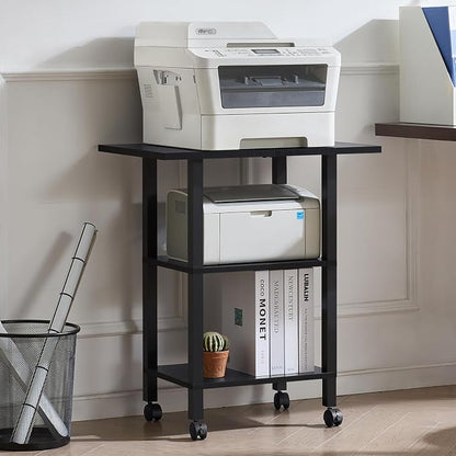 YUFAM Black 3 Tier Home Printer Stand with Storage, Wooden Mobile Printer Table Shelf, Rolling Printer Cart Shelf with Lockable Wheels fit Fax Machine, Scanner