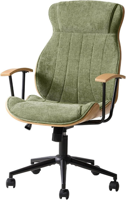 HULALA HOME Solid Wood Office Chair with Tilt Function, Mid Century Modern Bentwood Desk Chair with High Backrest, Height Adjustable Swivel Fabric Computer Task Chair, Green