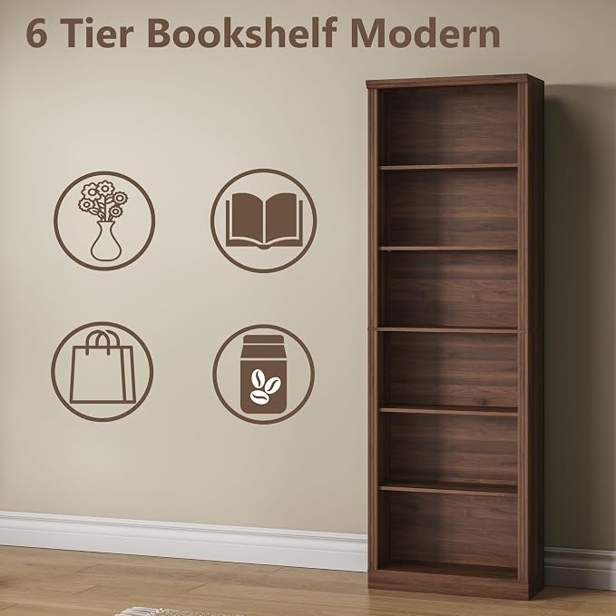 Thacuok 75" Tall Bookshelf & Bookcase, 6-Tier Adjustable Storage Shelves, Book Shelf with Anti-Tipping Device, Floor Standing Modern Display Rack for Living Room, Bedroom, Office, Walnut