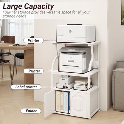 Natwind 4 -Tier Rolling Printer Stand with Power Outlet,23.6"x15.8",White | Printer Table with Adjustable Open Shelf,Home Office Storage Filing Cabinet on Lockable Wheels for Printer,Scanner and Files