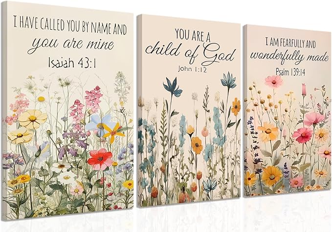 3Pcs Christian Floral Scripture Canvas Wall Art, Wildflower Bible Verse Posters Wall Decor, Psalm Religious Faith Art Pictures Prints for Living Room Bedroom Decorations 16x24in Framed
