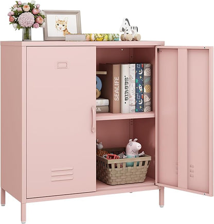 Steehoom Metal Storage Cabinet with 2 Door and Shelves, Metal Pink Locker Cabinet Console Table for School, Pantry, Dining Room, Office, Garage (Pink, H35.43'')