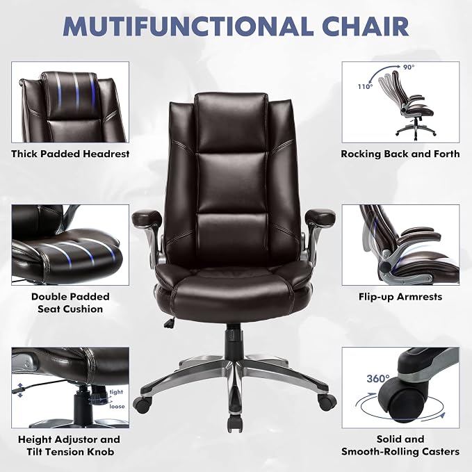 COLAMY Leather Executive Office Chair - High Back Ergonomic Home Computer Desk Chair with Padded Flip-up Arms, Adjustable Tilt Lock, Swivel Rolling Chair for Adult Working Study, Brown