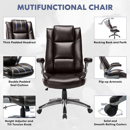 COLAMY Leather Executive Office Chair Set of 2 - High Back Ergonomic Home Computer Desk Chair with Padded Flip-up Arms, Adjustable Tilt Lock, Swivel Rolling Chair for Adult Working Study, Brown
