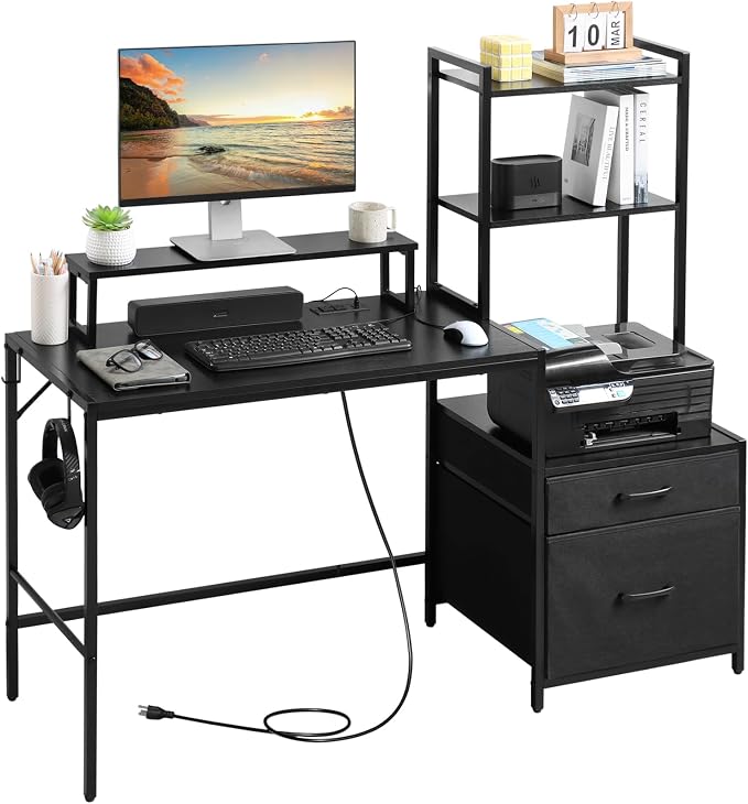 KATHY&BOB 59.1" Computer Desk with Power Outlets and Storage Shelves, Reversible Home Office Desk with 2 Fabric Drawers, Sturdy Writing Table with Detachable Monitor Stand for Small Spaces