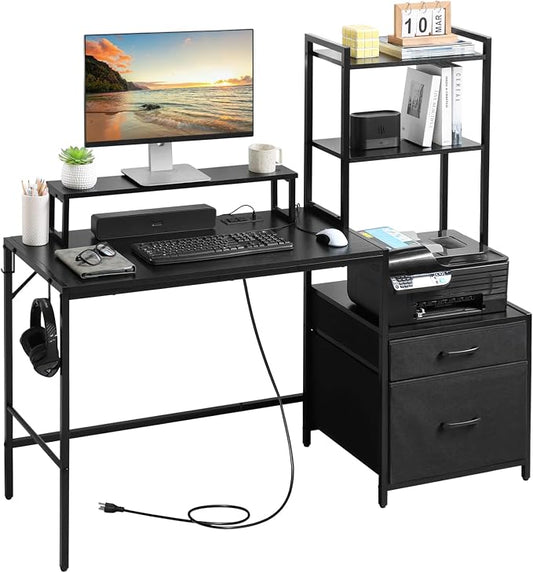 KATHY&BOB 59.1" Computer Desk with Power Outlets and Storage Shelves, Reversible Home Office Desk with 2 Fabric Drawers, Sturdy Writing Table with Detachable Monitor Stand for Small Spaces