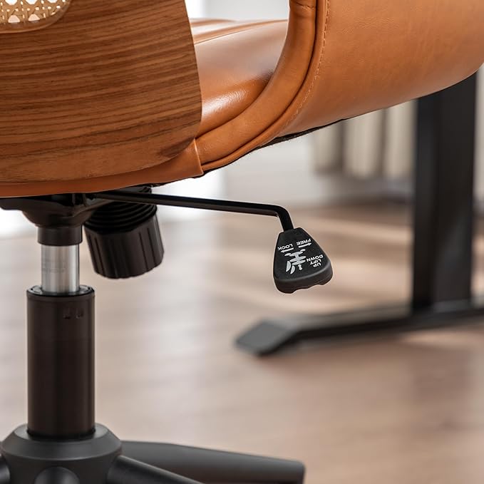 Home Office Desk Chair with Ergonomic Rattan Backrest, Walnut Crafts, Curved Arms, Faux Leather, Caster Wheels, Height Adjustable, Computer Chair (Walnut Brown)