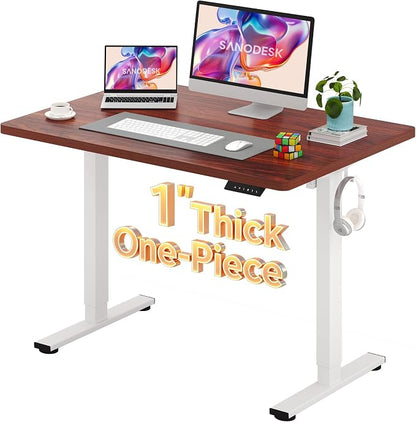 SANODESK Electric Standing Desk 48 x 30 Inches Whole-Piece Desktop Height Adjustable Stand Up Desk w/6-Button Controller Ergonomic Computer Desk for Home Office, White Frame + Mahogany Tabletop