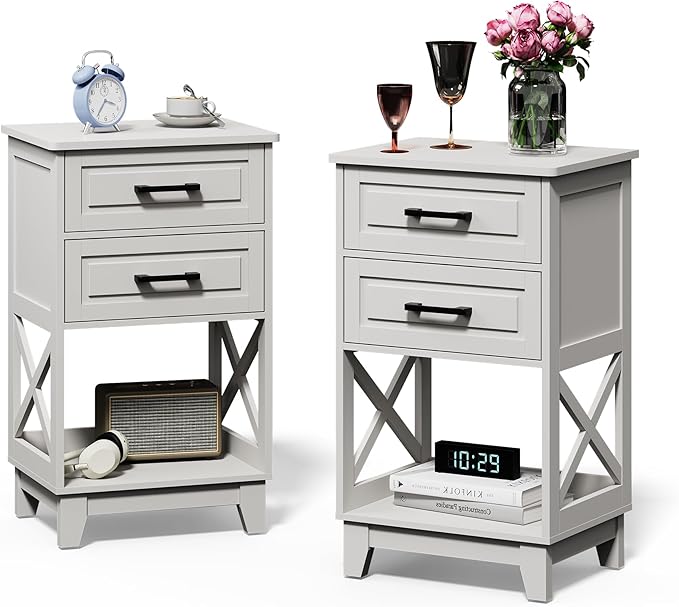 RoyalCraft 30" Tall Nightstand, Modern Painted Bedside Table with 2 Drawers and Open Shelf, Wood Side Table for Bedroom, Home Office, White-Open Shelf Below, Set of 2