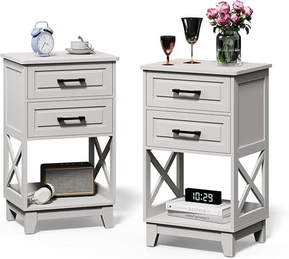 RoyalCraft 30" Tall Nightstand, Modern Painted Bedside Table with 2 Drawers and Open Shelf, Wood Side Table for Bedroom, Home Office, White-Open Shelf Below, Set of 2