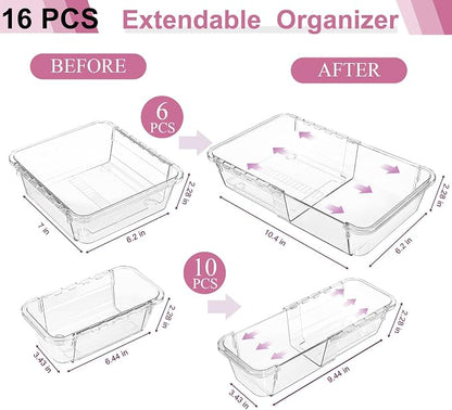 16 Pcs Extendable Clear Drawer Organizer, All Adjustable Vanity Storage Box, 2-Size Desk Drawer Organizer, Durable Storage Bins for Makeup, Cosmetic, Bedroom Dressers Tool Organizer for Gadgets