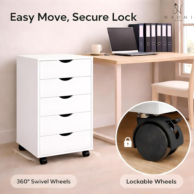 Naomi Home Under Desk Office File Cabinet with 5 Drawers, Rolling Storage Organizer with Lockable Wheels, Handle-Free Design & Spacious Top Surface, Compatible Cabinet for Home Office - White