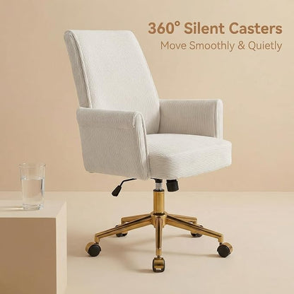 YITAI Stripes Velvet 360°Swivel Desk Chair, Modern Height Adjustable Home Office Armchair with Gold Base and Wheels for Vanity, Comfy Computer Chair for Study Living Room Bedroom（Beige）