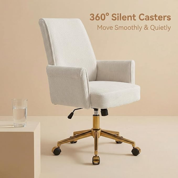 Striped Velvet Office Chair, 360° Swivel Ergonomic Task Chair with High Back, Gold Base and Wheels, Height Adjustable Modern Accent Chair for Home Office, Living Room, Study, Vanity Room (Cream)