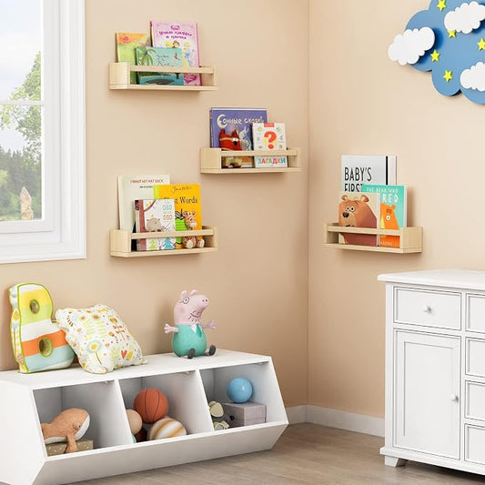 Forbena Natural Wood Nursery Book Shelves Wall Mounted, Floating Bookshelf for Kids Room, Baby Toys and Books Storage Organizer Bookshelves for Toddler Child Bedroom Bathroom (4 Pack Light Wood)